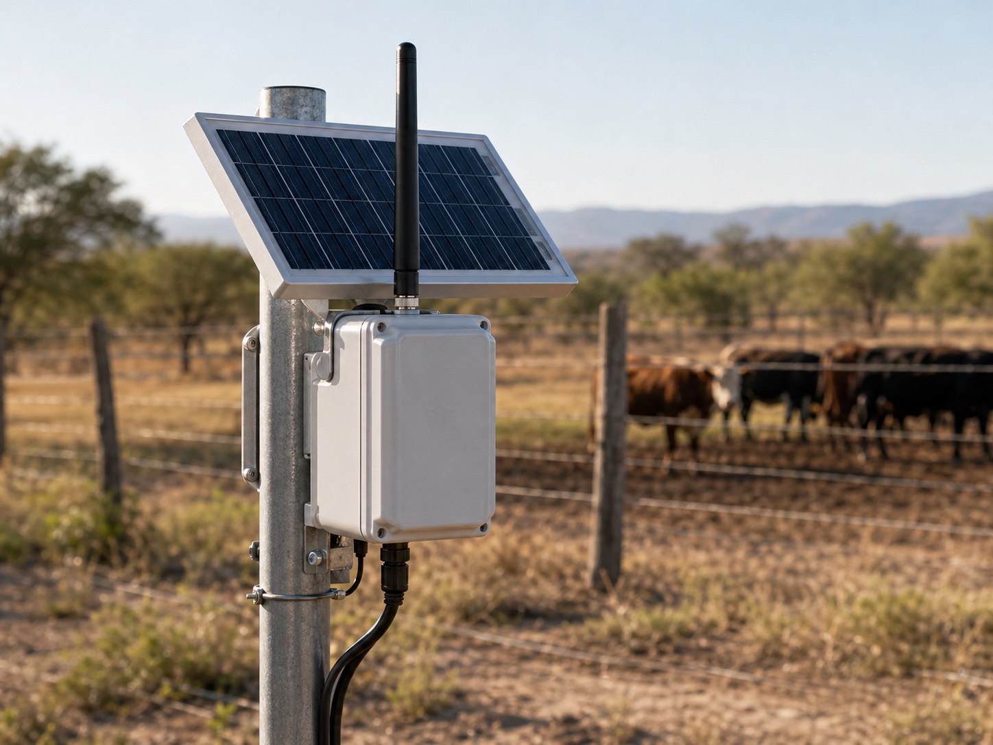 Gateway LoRaWAN con panel solar instalado en campo