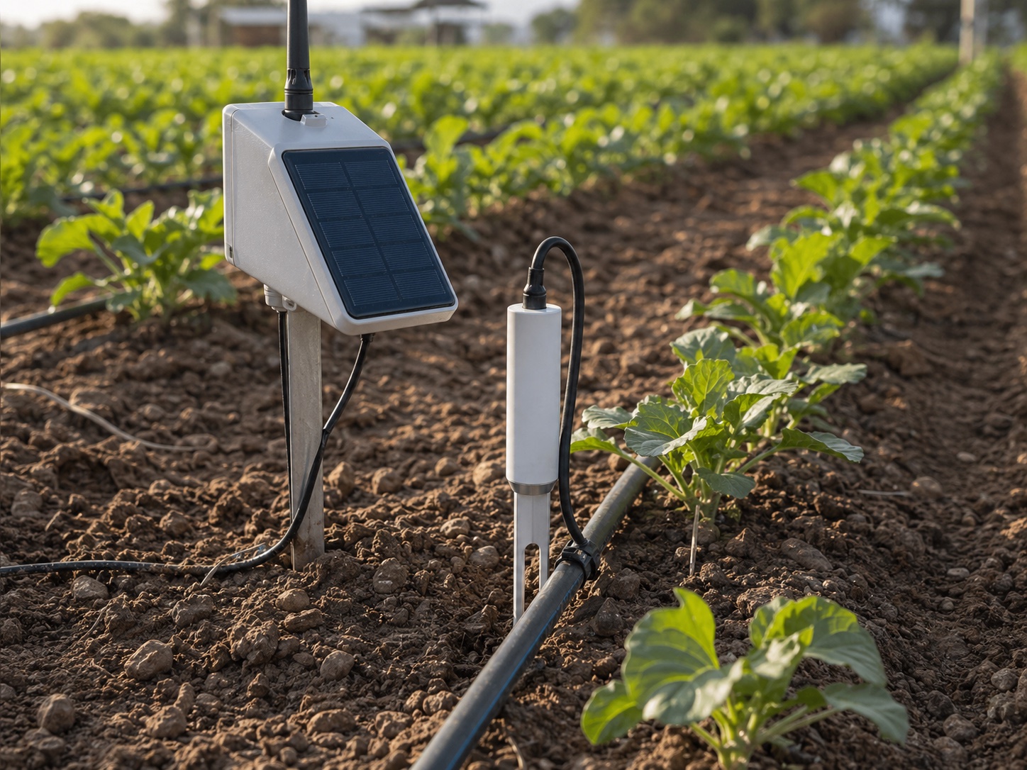 Sensor de humedad instalado junto a riego por goteo